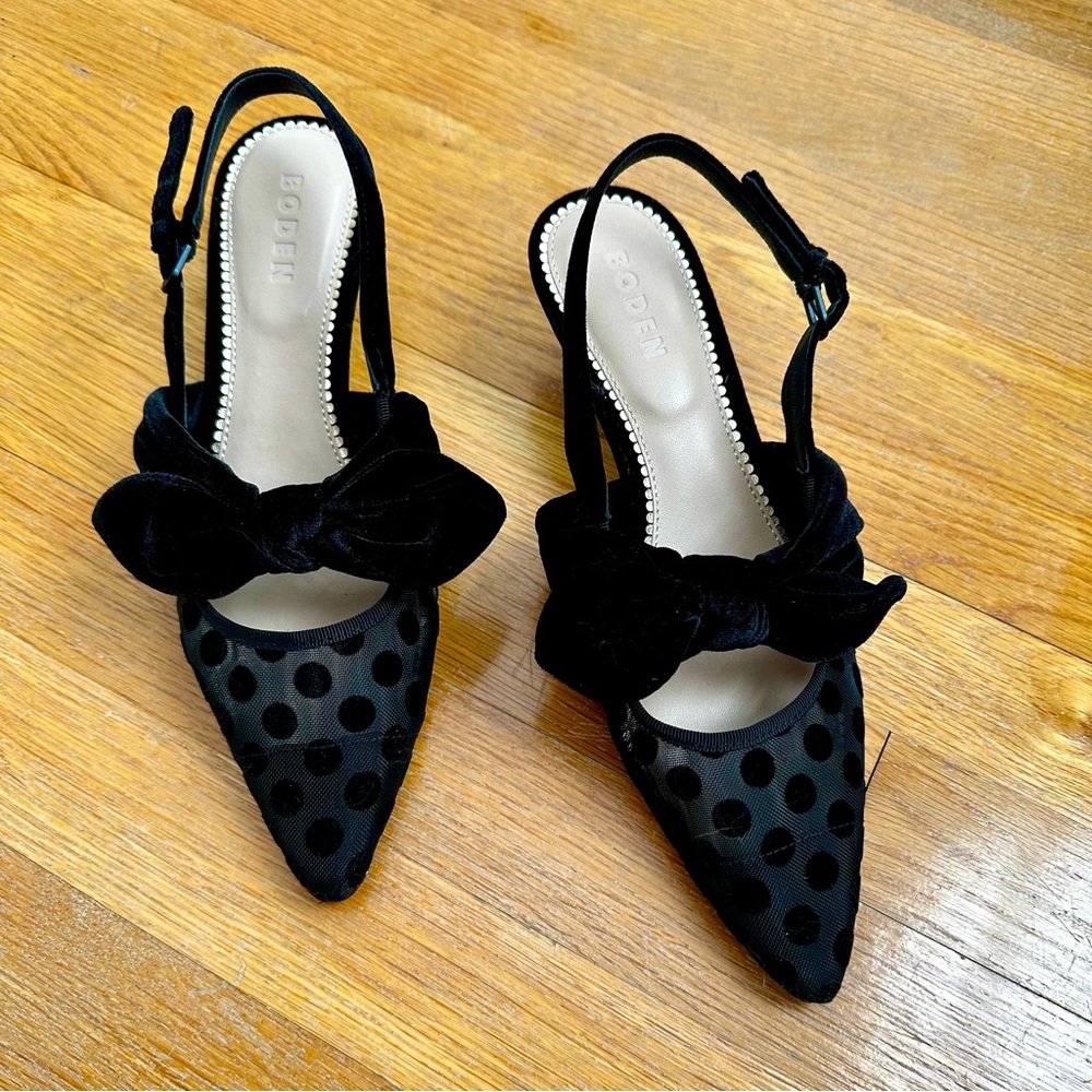 Boden black Bow Kitten Heels in Polka Dot Mesh, size 40